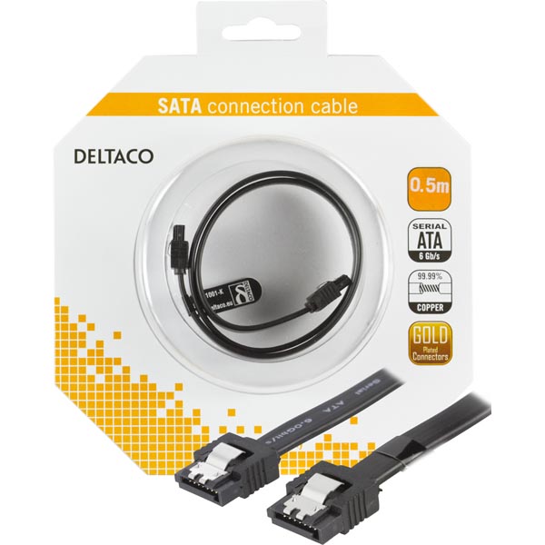 Deltaco SATA Cable, SATA-SATA, 6Gb/s, Locks, 0.5m, Black